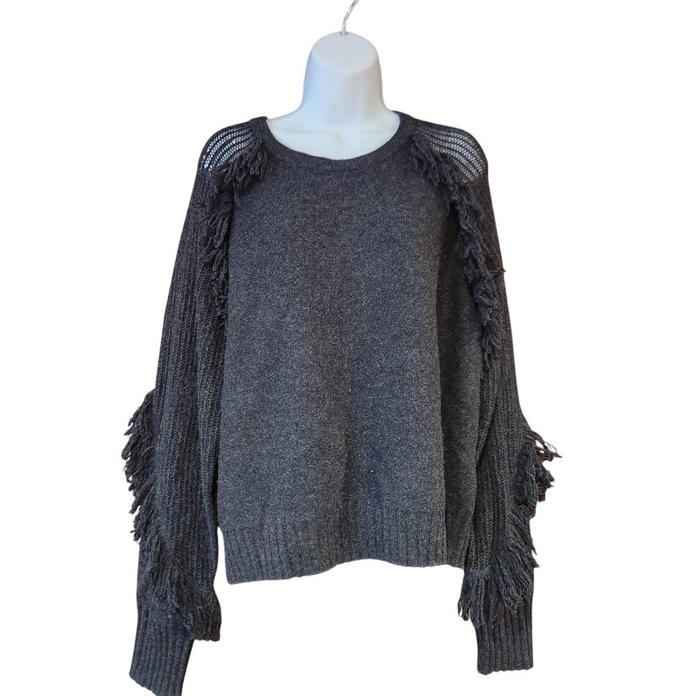 NWOT NADAAM Wool Cashmere Blend Gray Long Fringed Sleeve Sweater Sz L